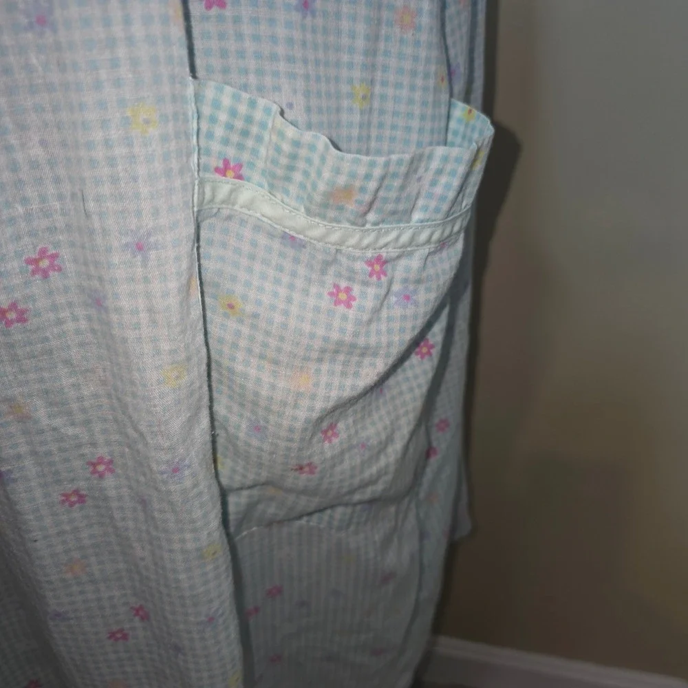 Moon Dance Blue Gingham Floral Snap Front House Dress Duster Robe Large Vintage